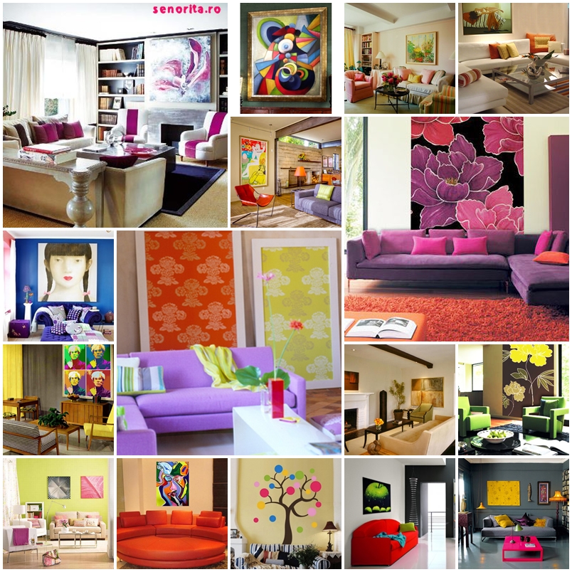 Cum sa dai culoare sufrageriei tale? - culoare sufragerie rama foto,pictura,tablou,piesa arta,material,colorat,scaun,lampa fantezista,perne colorate,culoare,living,sufragerie,decoratiuni,vopsea,perete,camera,plante verzi,flori,viu,stralucitor,podea,covor,covor colorat,oglinda,reflectare,rama,rafturi colorate,raft, patura