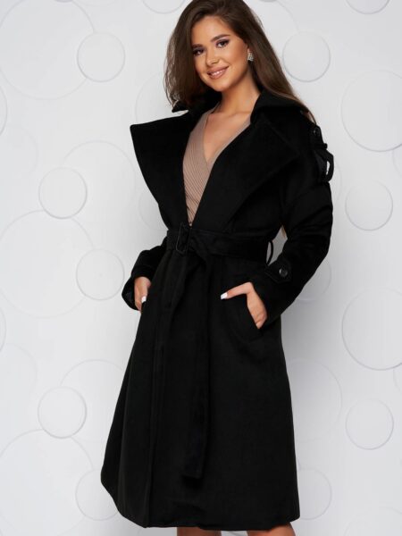 Palton SunShine negru casual lung cu croi larg din material gros din stofa si cordon detasabil