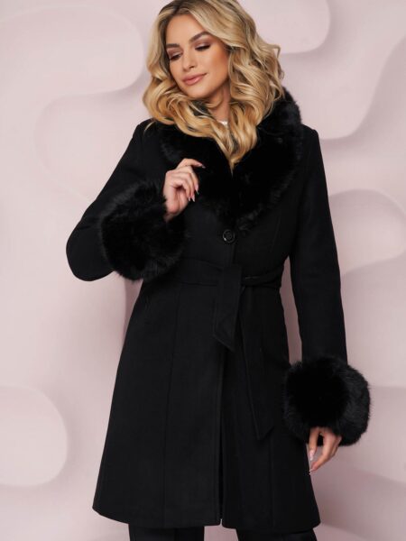 Palton din lana SunShine negru cambrat cambrat cu insertii de blana ecologica detasabile la maneci si guler din blana