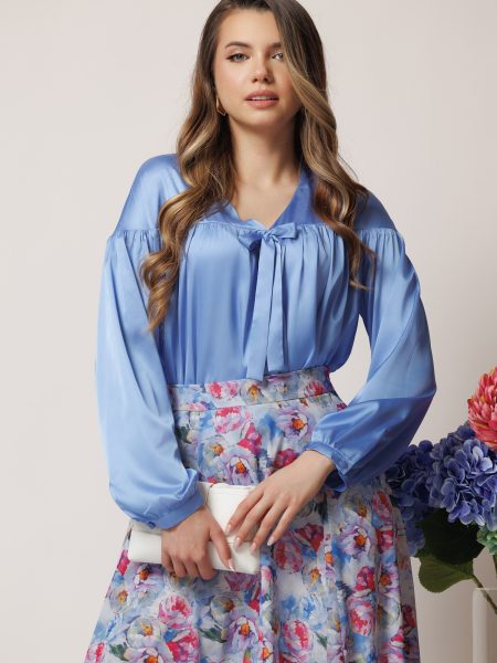 Bluza DY Fashion eleganta din satin bleu cu funda si pliuri