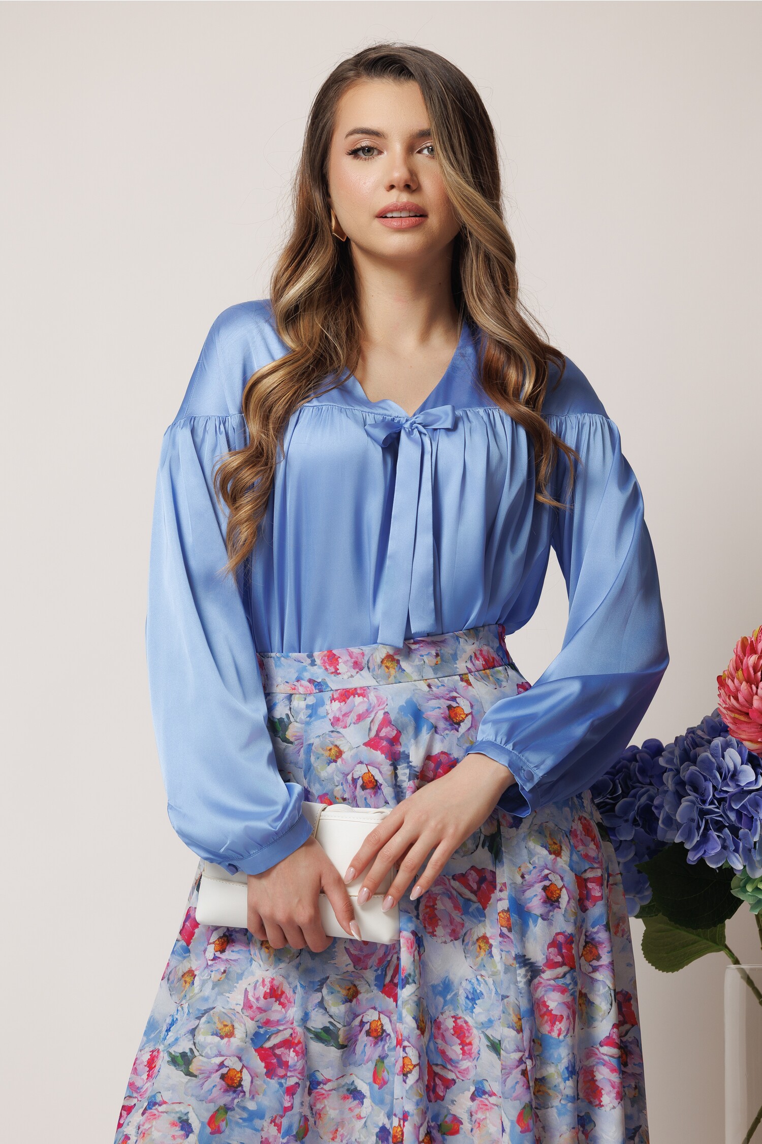 Bluza DY Fashion elegantă din satin bleu cu fundă și pliuri - Bluza DY Fashion eleganta din satin bleu cu funda si pliuri