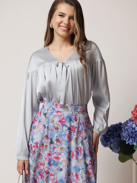 Bluza DY Fashion eleganta din satin gri cu funda si pliuri