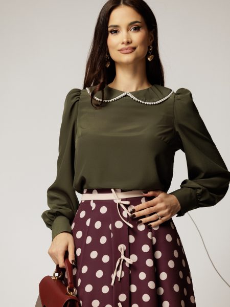Bluza DY Fashion eleganta din triplu voal kaki cu detalii perlate la guler