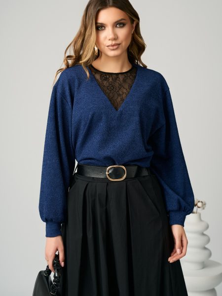 Bluza DY Fashion smart-casual din jerse bleumarin cu insertie din dantela
