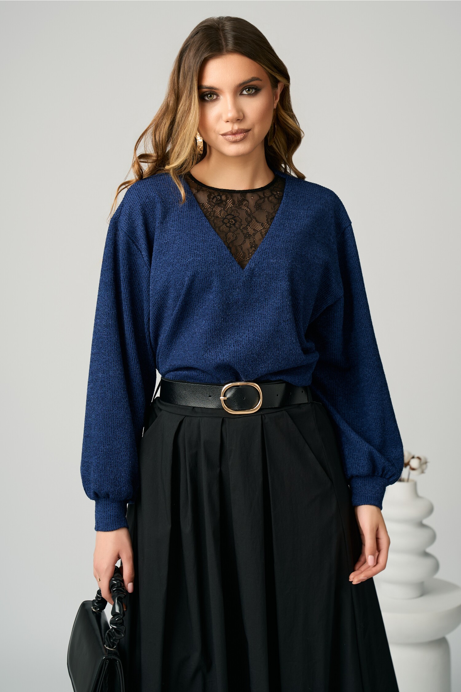Bluza bleumarin jerse cu dantelă - DY Fashion, smart-casual - Bluza DY Fashion smart-casual din jerse bleumarin cu insertie din dantela