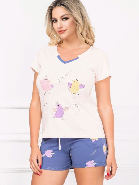 Pijama de dama din bumbac cu puisori colorati