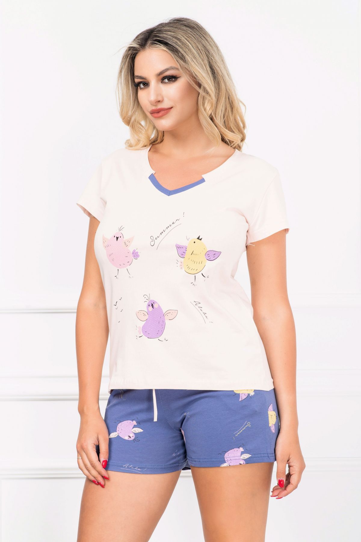 Pijamă damă din bumbac cu puișori colorați - Pijama de dama din bumbac cu puisori colorati