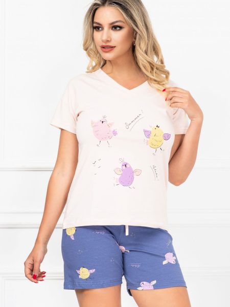 Pijama de dama din doua piese cu imprimeu puisori colorati