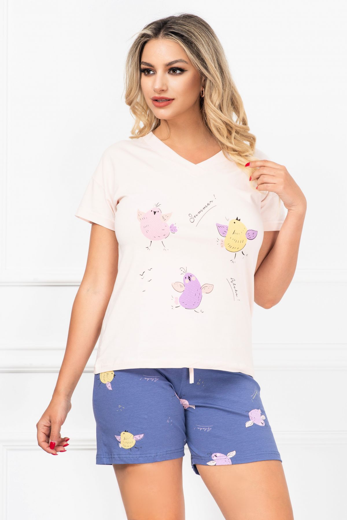 Pijama damă două piese cu puisori colorați - Pijama de dama din doua piese cu imprimeu puisori colorati