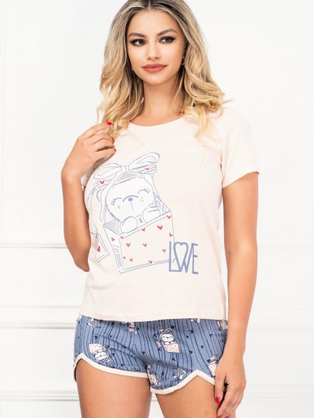 Pijama de dama trendy din doua piese cu imprimeu ursulet cu fundita