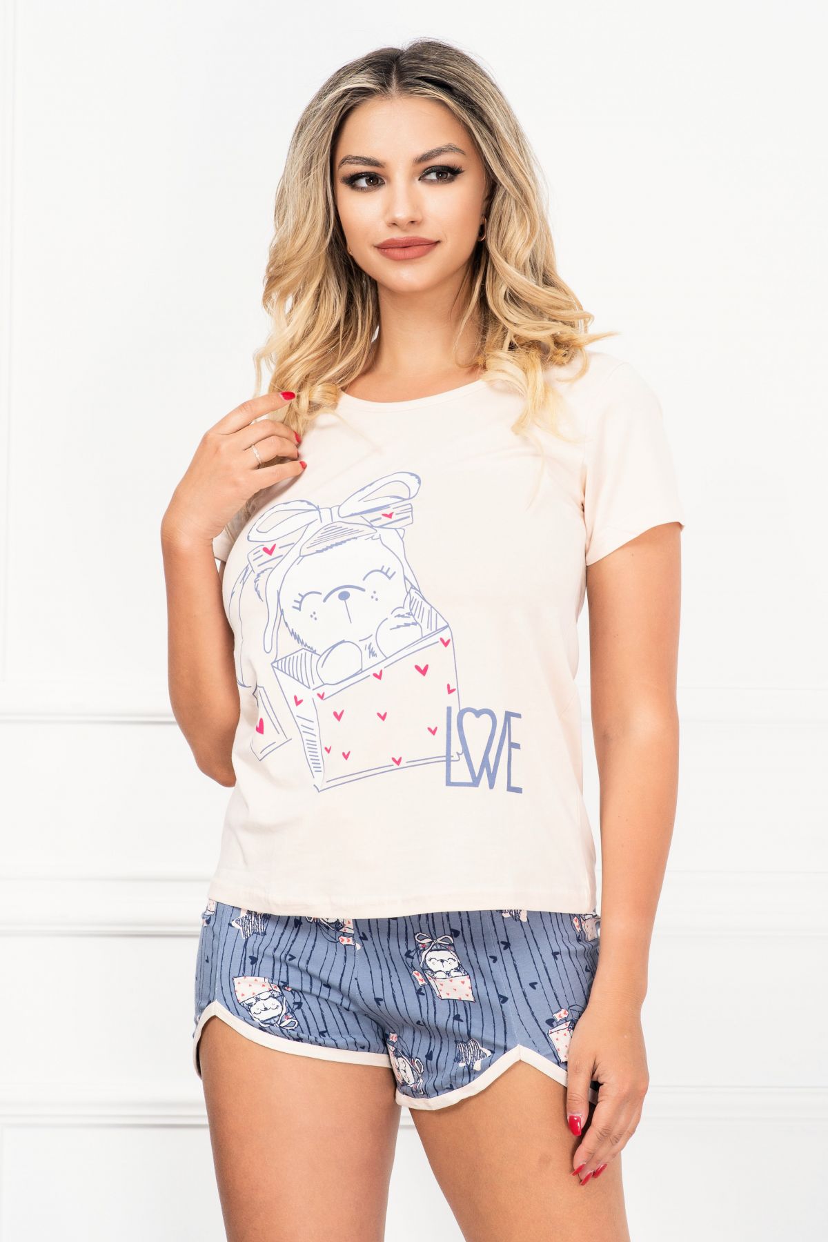 Pijamale damă 2 piese ursuleț cu fundiță - Pijama de dama trendy din doua piese cu imprimeu ursulet cu fundita