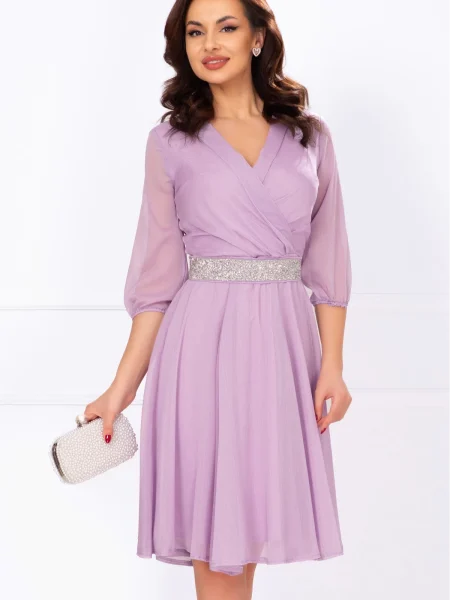 Rochie de ocazie in clos lila cu cordon stralucitor in talie