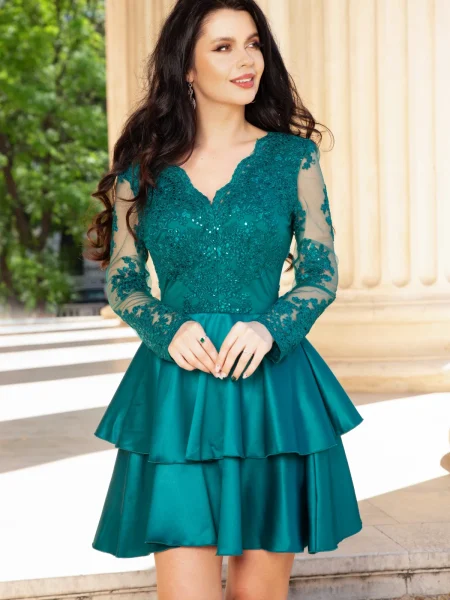 Rochie de ocazie verde baby-doll eleganta cu dantela si volane