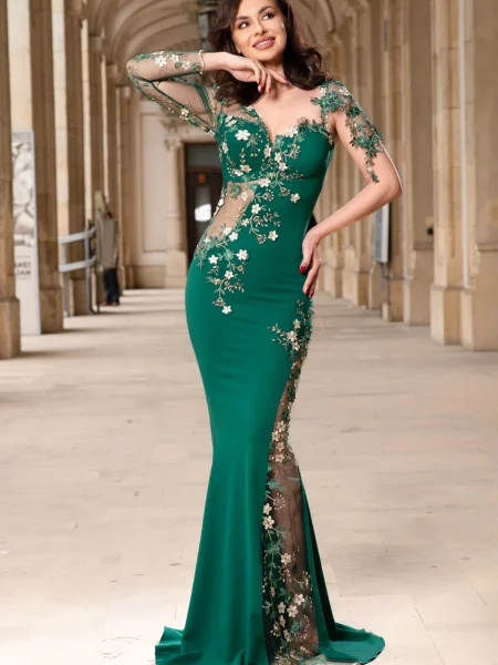 Rochie de seara eleganta lunga verde Anelisse tip sirena cu flori de cires brodate