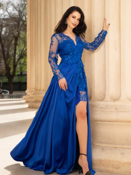 Rochie de seara Ivette albastru-royal din dantela si fusta din tafta