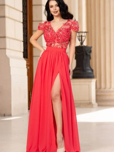 Rochie de seara Larissa coral din voal cu flori 3D