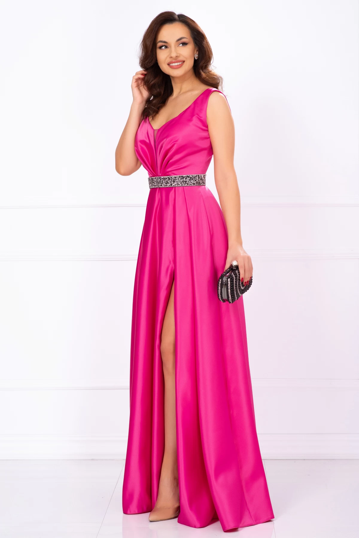Rochie elegantă de soacră Camila din taftă fucsia - Rochie de soacra lunga Camila din tafta fucsia