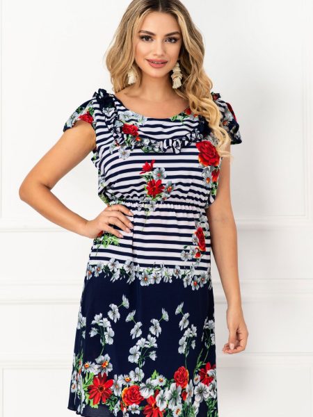 Rochie de vara Kaya cu imprimeu in dungi si volan decorativ