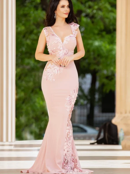 Rochie eleganta de seara sirena Fabrizia roz cu flori 3D brodate