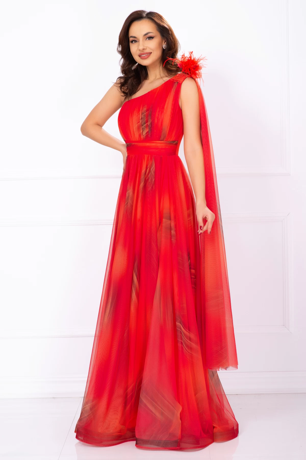 Rochie roșie Josephine elegantă cu imprimeu pictural - Rochie pretioasa Josephine rosie cu imprimeu tip pictura