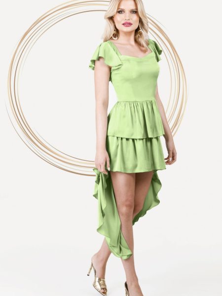 Rochie Pretty Girl asimetrica verde de vara cu volane