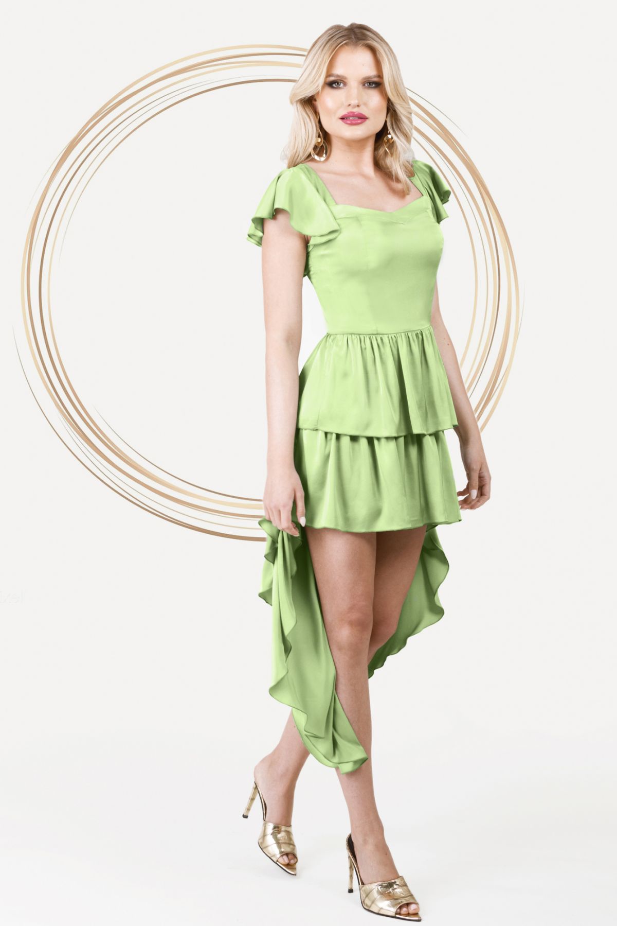 Rochie asimetrică verde de vară Pretty Girl cu volane - Rochie Pretty Girl asimetrica verde de vara cu volane