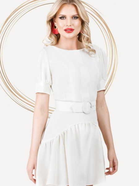Rochie Pretty Girl de vara scurta ecru din in cu volanas